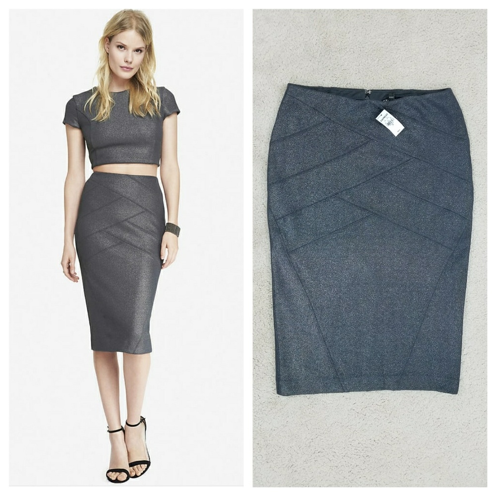 Nwt Express Gunmetal Grey Metallic Pencil Skirt